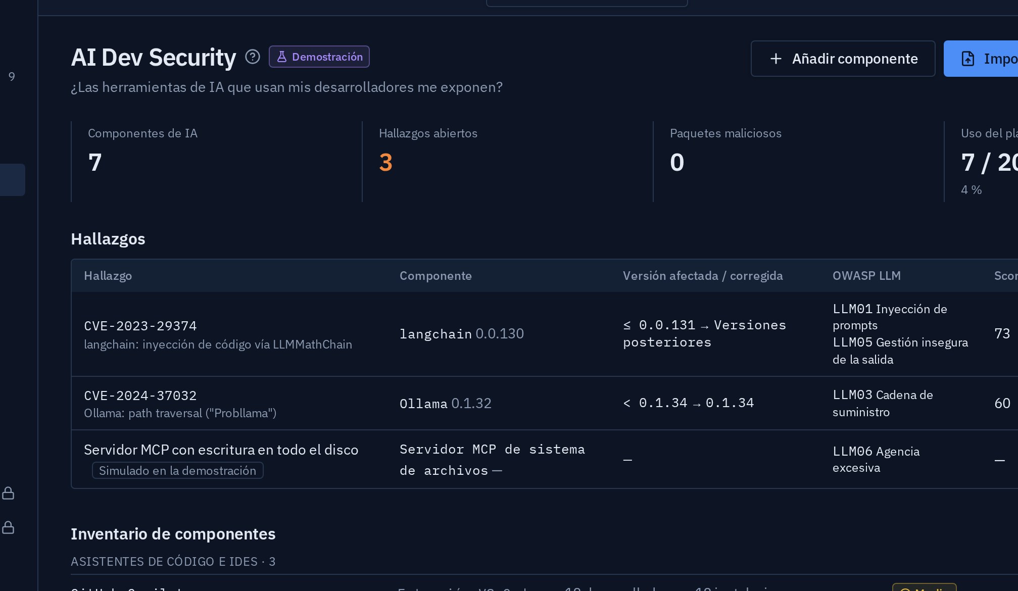 Captura de la vista AI Dev Security de XRayTrend